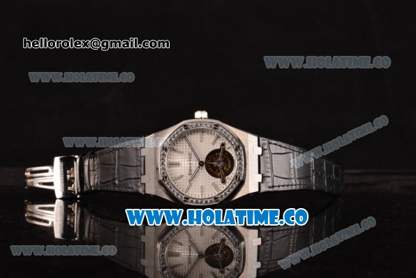 Audemars Piguet Royal Oak 41MM Swiss Tourbillon Manual Winding Steel Case with Diamonds Bezel Black Leather Strap and White Dial (FT) - Click Image to Close